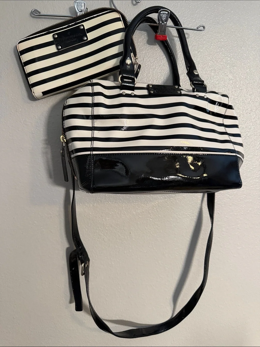 kate spade Black & White Striped Satchel with Matching Zip Wallet